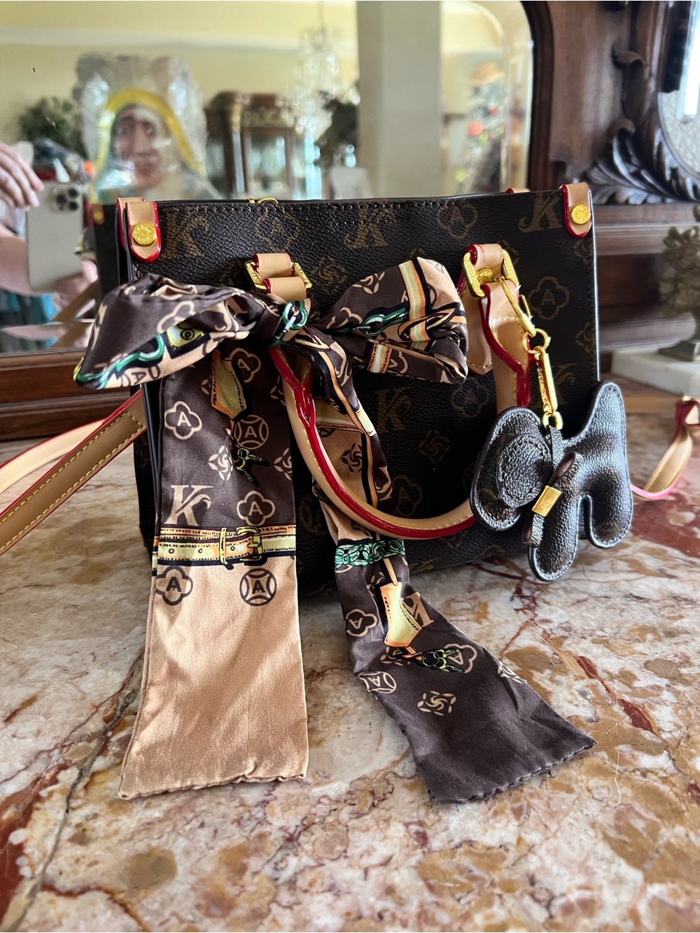 Brown Monogram Shoulder Bag with Scarf Accent and Dog Charm